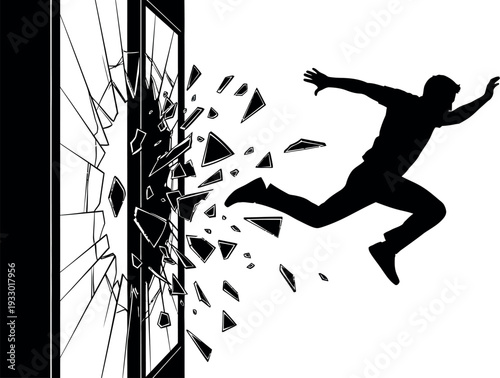 Sports silhouette of a man breaking through a wall