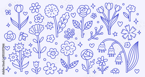 Flower doodle set with hand drawn floral line art, spring garden botanical elements, tulip, rose, daisy, lily of the valley, butterfly, bee, ladybug. Minimalist vector icons for web, print decoration.