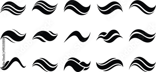 Minimalist black vector silhouette set of abstract fluid wave shapes and dynamic swoosh lines for modern logo design and smooth water flow graphic elements.