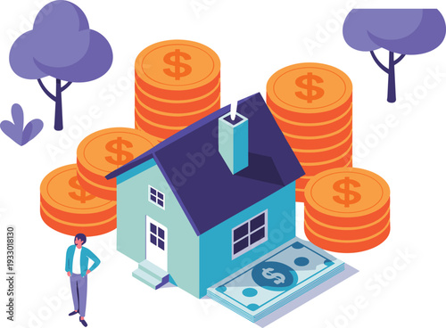 Isometric Real Estate Investment Concept with House, Money Stacks and Dollar Coins for Property Finance, Mortgage Planning and Home Ownership Illustration