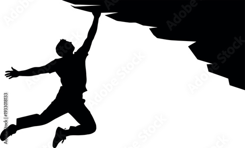 Sports silhouette of a person climbing a rock face in black and white