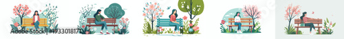 vector of a woman sitting happily on a park bench in spring