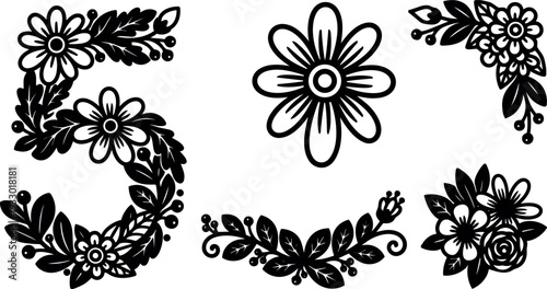 Papercut floral vector number five wreath and corner flower ornaments black silhouette composition for craft stencil cutout diy embroidery print