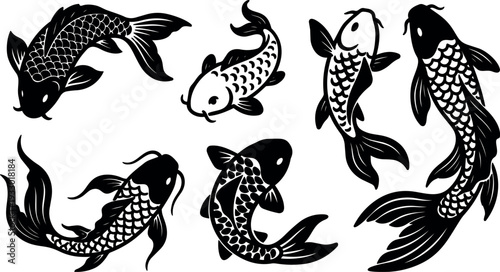 Tattoo flash koi fish set in varied poses close up ornamental japanese inspired vector art black silhouette composition graceful fins