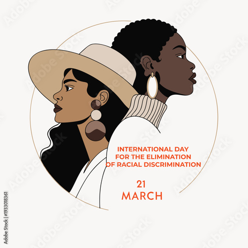 International day for elimination of racial discrimination vector with two women of color against light background