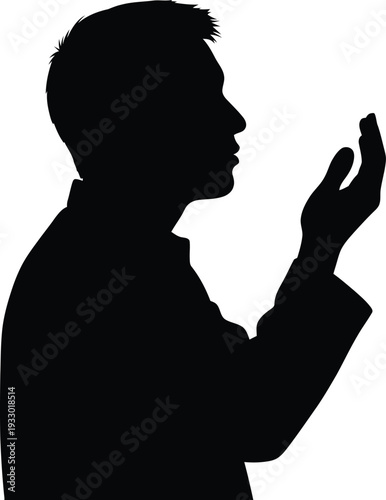 Minimalist black vector silhouette of a devout Muslim man raising his hands in peaceful prayer and supplication, perfect for Islamic faith, Ramadan devotion, and Eid worship designs.