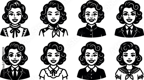Retro cartoon 1950s style eight smiling woman avatar icons front view wearing varied collars jackets blouses black and white vector