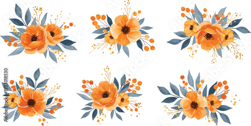 Vibrant orange flowers with green leaves on white background