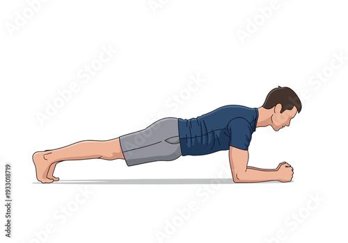 Man performing a plank exercise on a white background.