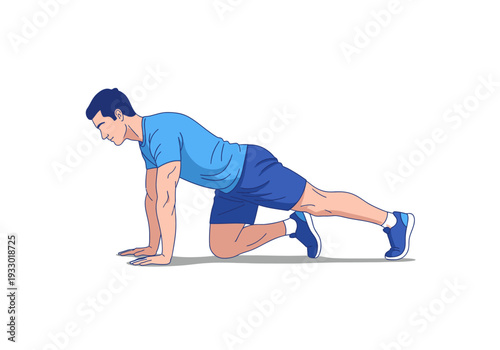 Man performing a plank exercise on a white background.