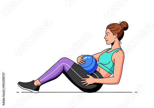 Woman performing a medicine ball Russian twist exercise for core strength.