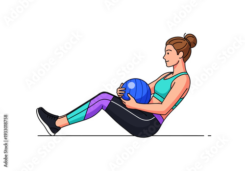 Woman exercising with a medicine ball in a fitness studio.
