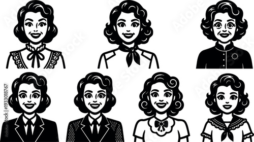 Retro cartoon fifties vector set of smiling women icons front facing close up in vintage outfits cheerful expressions line art