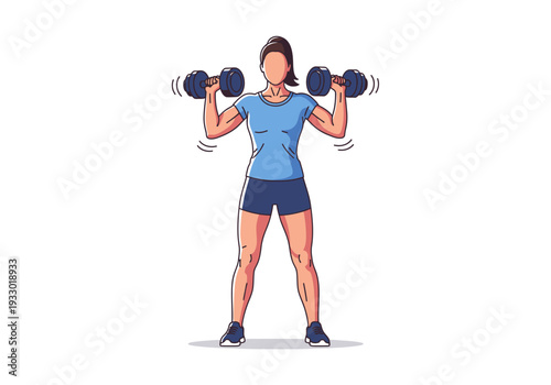 Woman performing dumbbell shoulder press exercise with focus and determination.