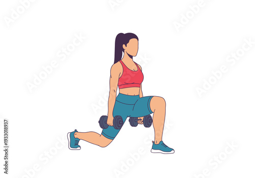 Woman performing a dumbbell lunge exercise for fitness.