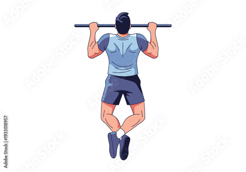 Man performing a pull-up exercise on a horizontal bar for strength training.