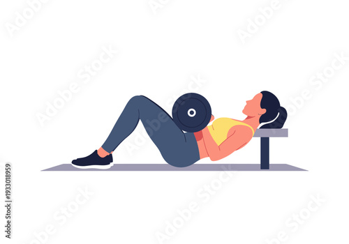 Woman performing barbell hip thrust exercise on bench for glute workout.