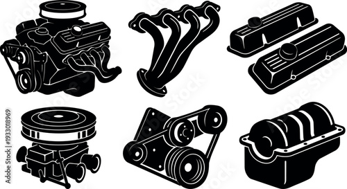 Silhouette vector engine parts set close up six automotive components arranged flat on white high contrast oil pan valve covers