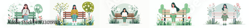 vector of a woman sitting happily on a park bench in spring