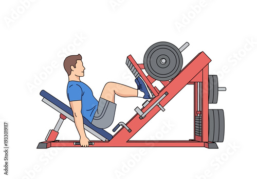 Man performing leg press exercise on a red gym machine with weights.