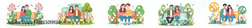 vector of a young couple sitting happily on a park bench in spring