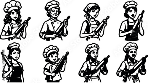 Line art set of female bakers holding rolling pins in varied poses with chef hats and aprons vintage badge style