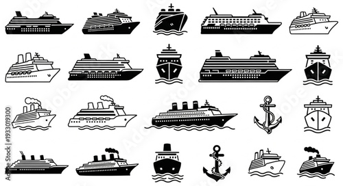 Collection of various cruise ships and nautical vessels in black and white illustrations.