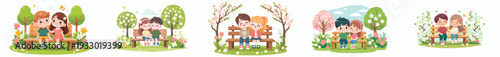vector of children sitting happily on a park bench in spring