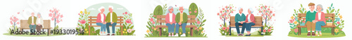 vector of a old couple sitting happily on a park bench in spring
