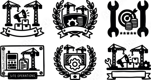 Hand drawn badge vector set showing construction site operations cranes gears megaphone laurel wreath black ink emblem close up icons