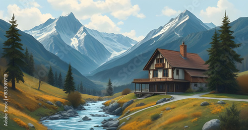 mountains, landscape, lake, cottage, home, oil, painting, artwork, art, canvas, texture, brushstroke, nature, scenery, scenic, reflection, water, alpine, peaks, valley, countryside, rural, peaceful, s