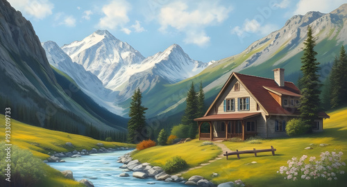 mountains, landscape, lake, cottage, home, oil, painting, artwork, art, canvas, texture, brushstroke, nature, scenery, scenic, reflection, water, alpine, peaks, valley, countryside, rural, peaceful, s