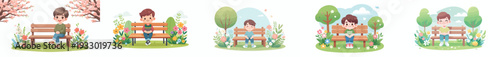 vector of a little boy sitting happily on a park bench in spring