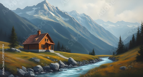 mountain, landscape, lake, house, lodge, oilpainting, art, artwork, painting, canvas, texture, brushstroke, nature, scenery, scenic, reflection, water, alpine, hills, peaks, valley, countryside, rural