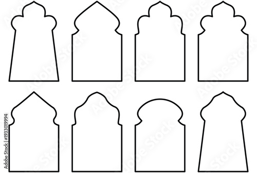 Golden Arabic Arch and Islamic Window Shapes – Realistic 3D Mosque Door Frame Design Elements Vector Illustration