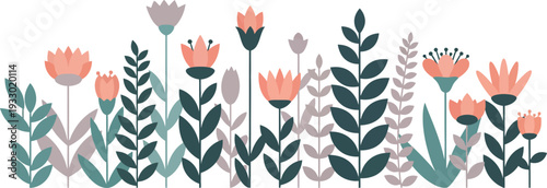 Colorful illustration of tulips and plants on white background