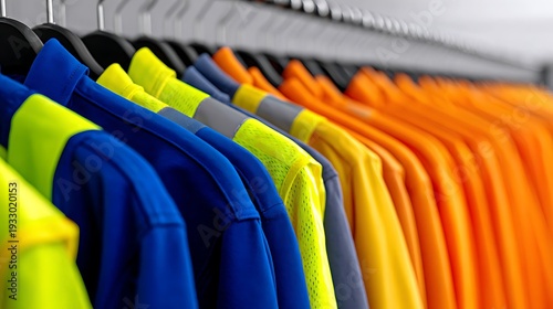 Colorful High Visibility Workwear Shirts on Clothing Rack in Retail Store Close Up