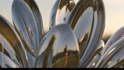 Abstract Metallic Flower Sculpture Reflecting Nature Outdoors.
