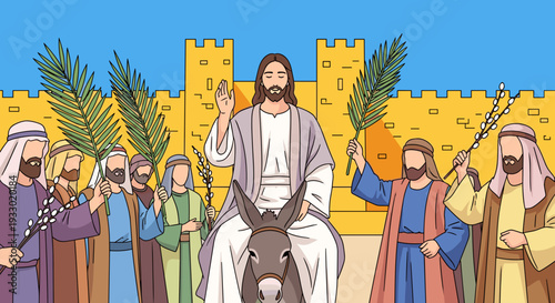 Vector illustration. Jesus, dressed in light robes, sits astride a small donkey. Several stylized figures of enthusiastic people wave palm branches. The background is the yellow walls of Jerusalem.