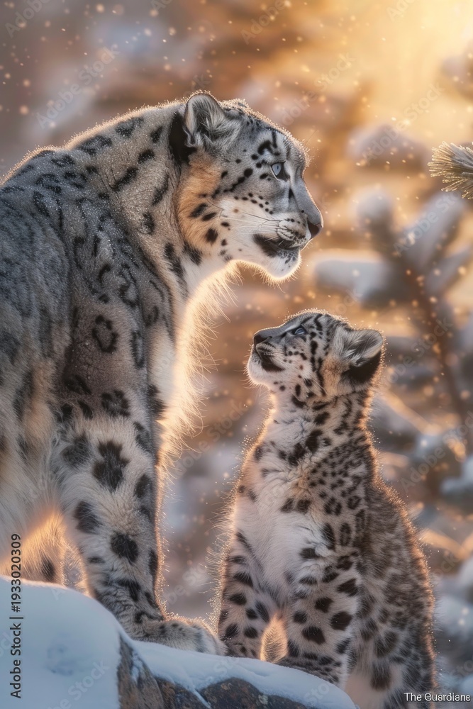 Fototapeta premium Snow leopard and cub portrait in nature