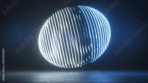 A glowing, egg-shaped object comprised of horizontal, white lines floats against a dark blue background