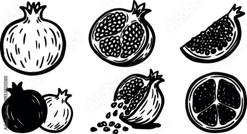 Line art close up pomegranate halves and slices with scattered seeds arranged on white background in bold ink style illustration
