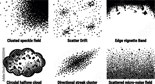 Halftone dot vector texture set with clustered speckle clouds directional streaks edge vignette and micro noise overlays black retro print