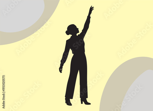 Elegant high-quality silhouette EPS file of a professional woman reaching upwards. A sophisticated vector illustration representing career growth, leadership, and reaching new heights.
