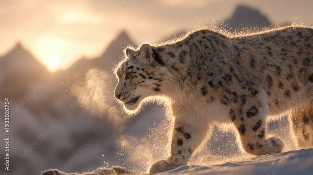 Obraz premium Snow leopard walking against sunlight