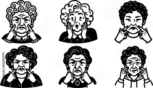 Line art vector icon set six elderly women making frown expressions pulling cheeks close up black and white faces portrait