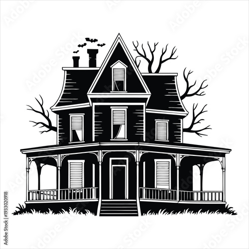 Spooky haunted house with bats and bare trees