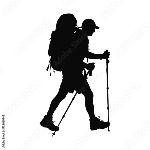 Hiker trekking with backpack and poles on adventure