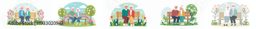 vector of a old couple sitting happily on a park bench in spring