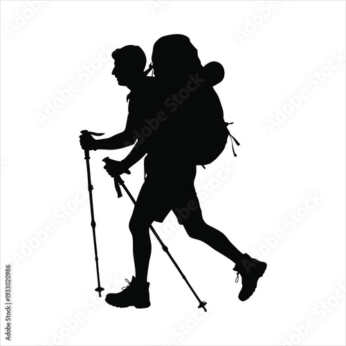 Hiker walking with trekking poles and backpack on white